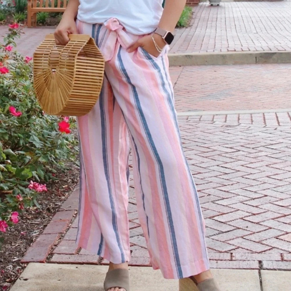 NWT LOFT Petite Striped Tie Waist Pants - Picture 2 of 8